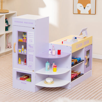 Kids wooden supermarket play toy set with checkout counter, featuring purple accents, for pretend shopping and role-play fun.