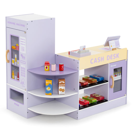 Kids wooden supermarket play toy set with checkout counter in purple, including shelves and pretend grocery items, by Wilsons Home Store