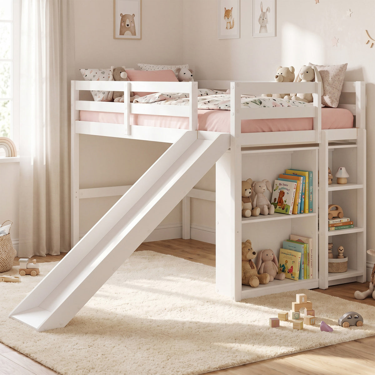 Kids Wooden Twin Size Loft Bed Frame with Slide and Ladder-White