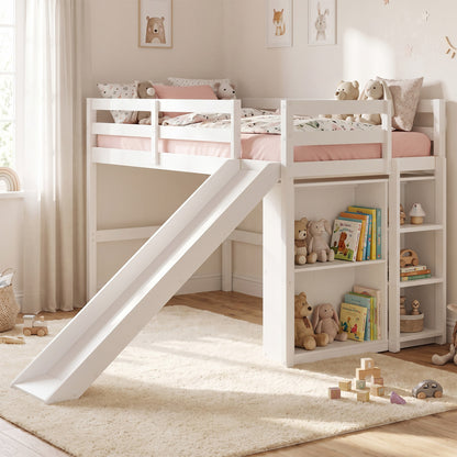 Kids Wooden Twin Size Loft Bed Frame with Slide and Ladder-White