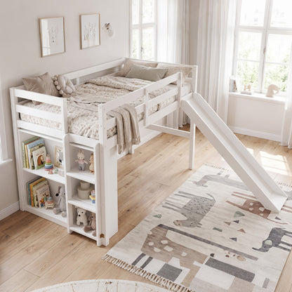 Kids Wooden Twin Size Loft Bed Frame with Slide and Ladder-White