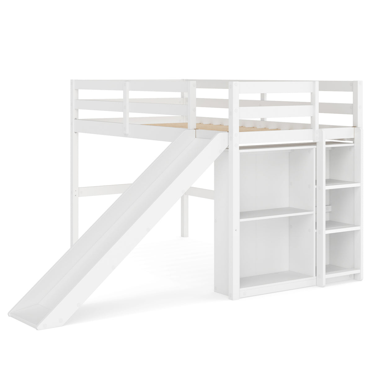 Kids Wooden Twin Size Loft Bed Frame with Slide and Ladder-White