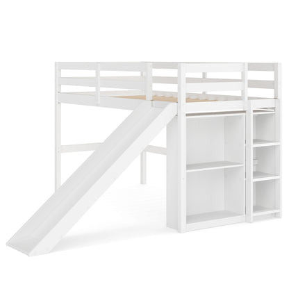 Kids Wooden Twin Size Loft Bed Frame with Slide and Ladder-White