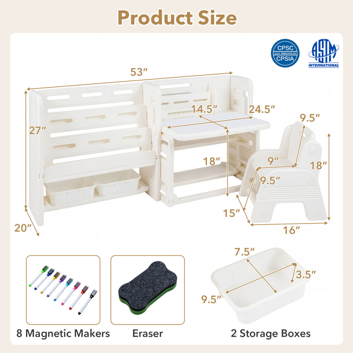 White kids writing desk and chair set with side bookshelves, ideal for toddlers and young children, by Wilsons Home Store.