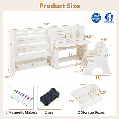 White kids writing desk and chair set with side bookshelves, ideal for toddlers and young children, by Wilsons Home Store.