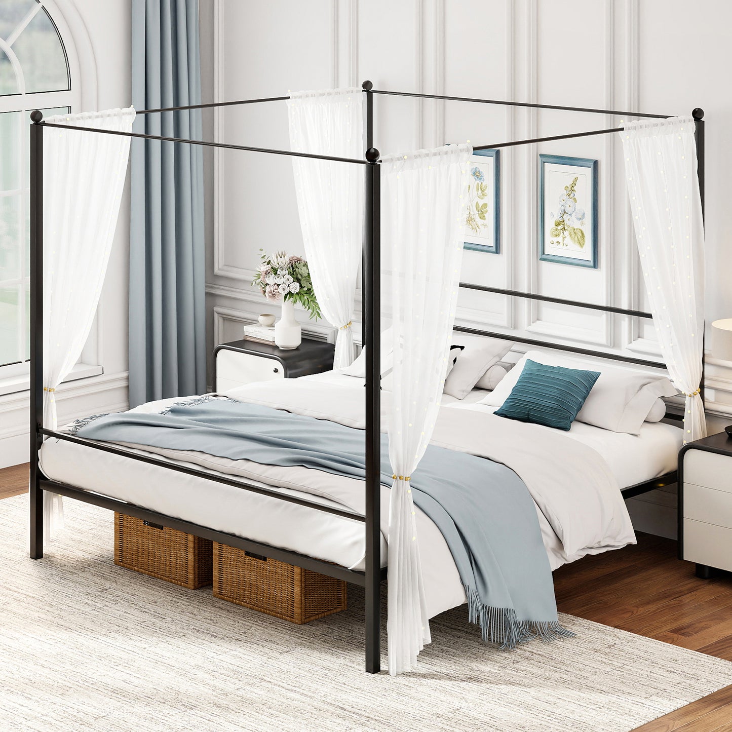 King Size Metal Canopy Bed Frame with Slat Support