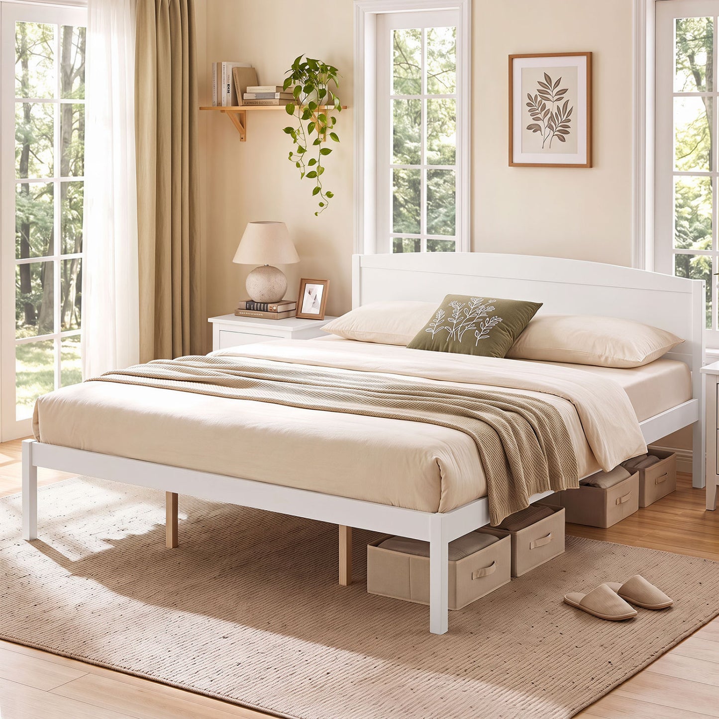King Size Wooden Platform Bed Frame with Curved Headboard-Walnut