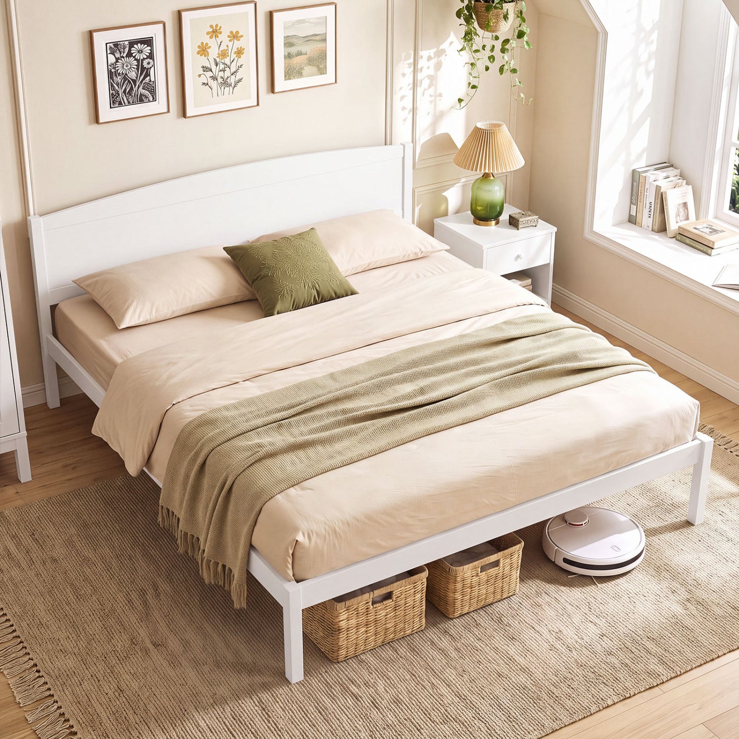 King Size Wooden Platform Bed Frame with Curved Headboard-Walnut