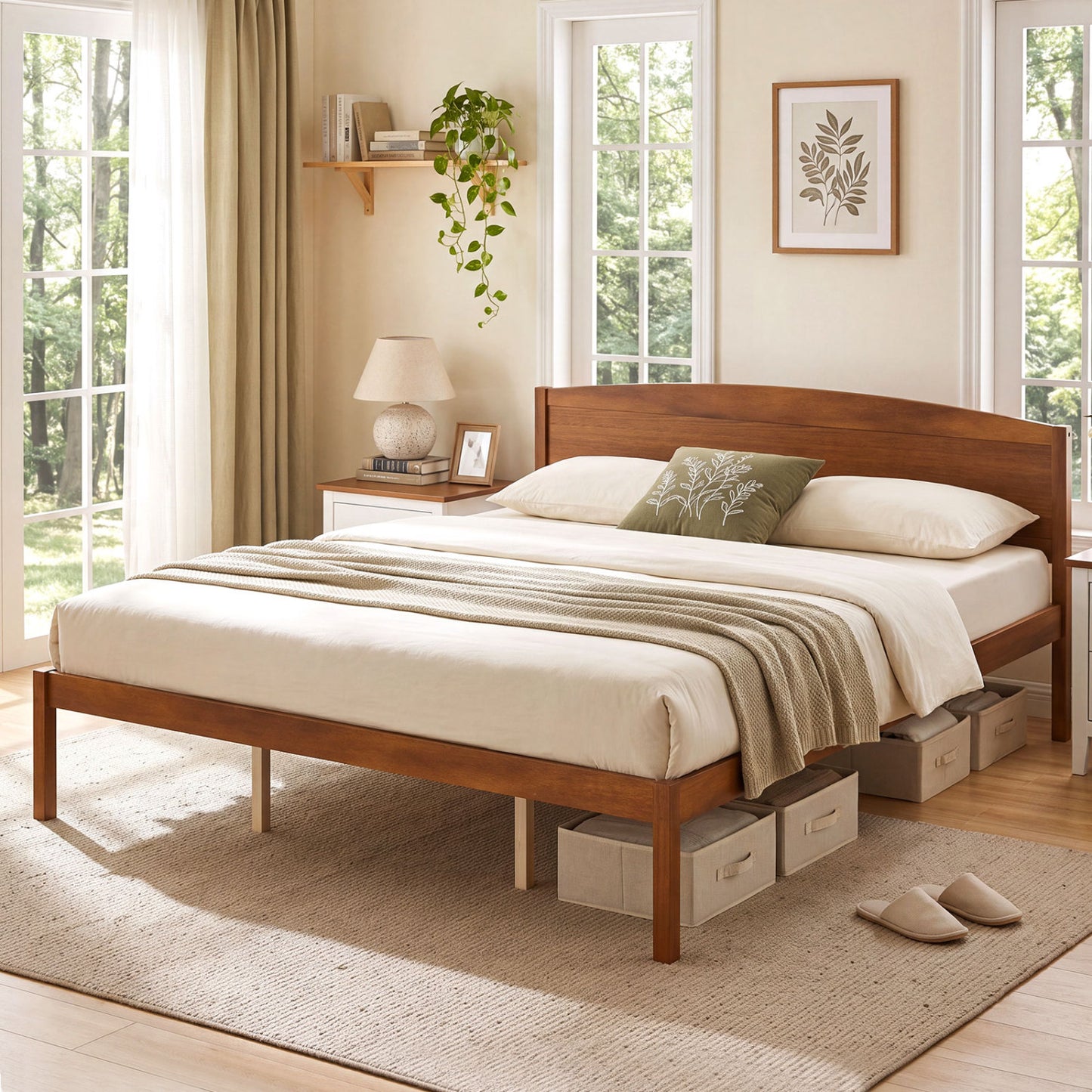 King Size Wooden Platform Bed Frame with Curved Headboard-Walnut