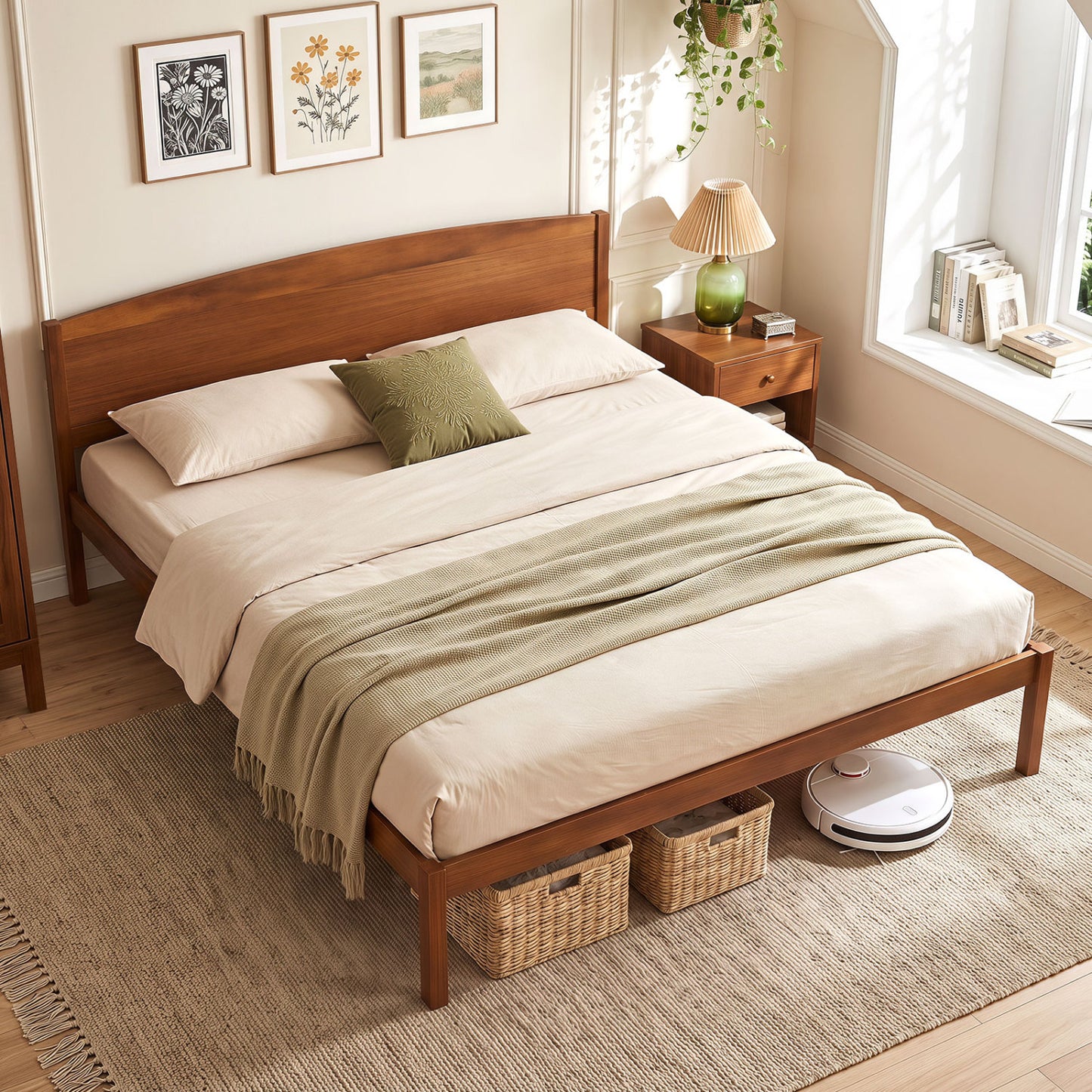 King Size Wooden Platform Bed Frame with Curved Headboard-Walnut
