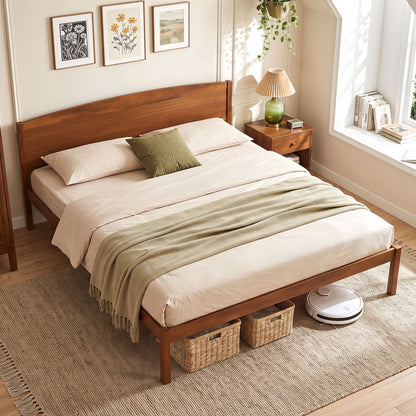 King Size Wooden Platform Bed Frame with Curved Headboard-Walnut
