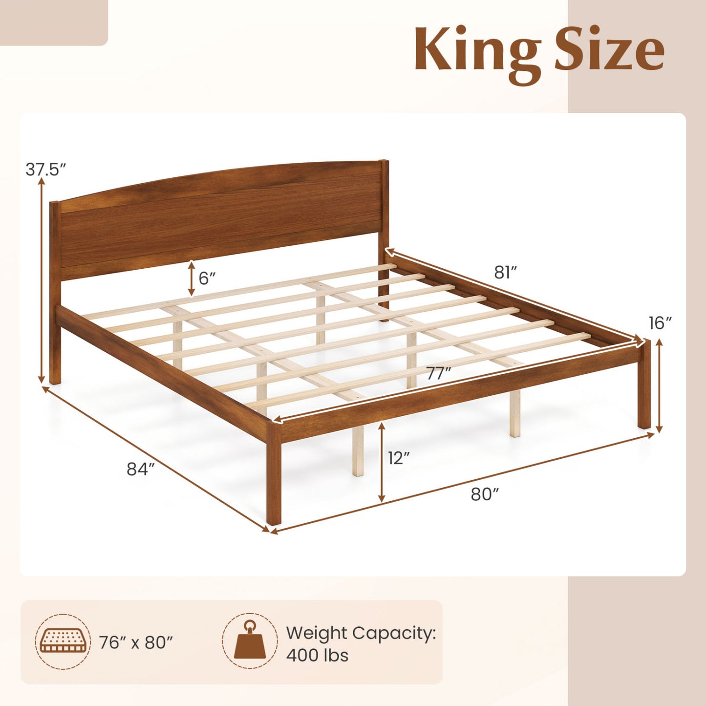 King Size Wooden Platform Bed Frame with Curved Headboard-Walnut