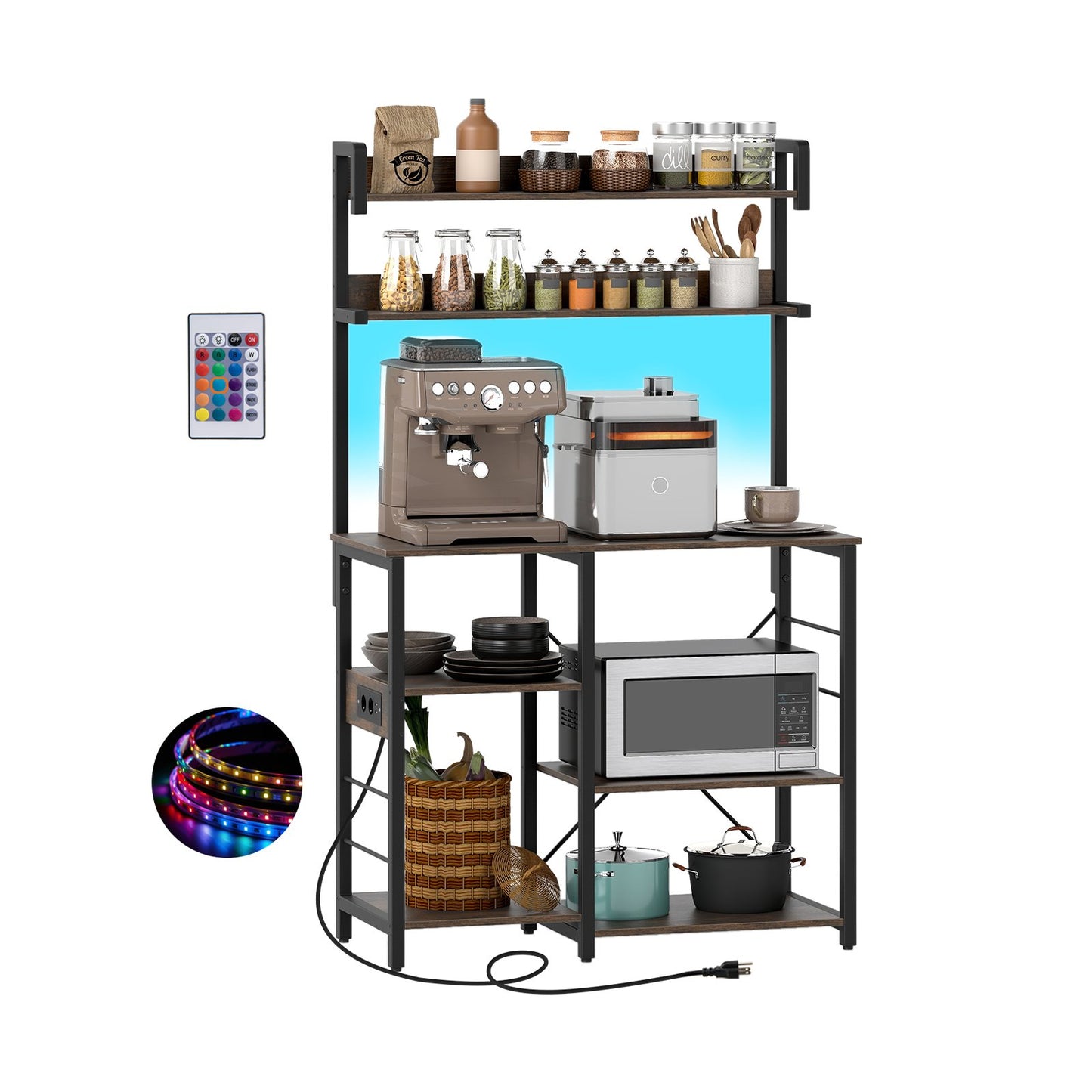Kitchen Bakers Rack with Power Outlet 5-Tier Microwave Oven Stand with LED Lights-Black