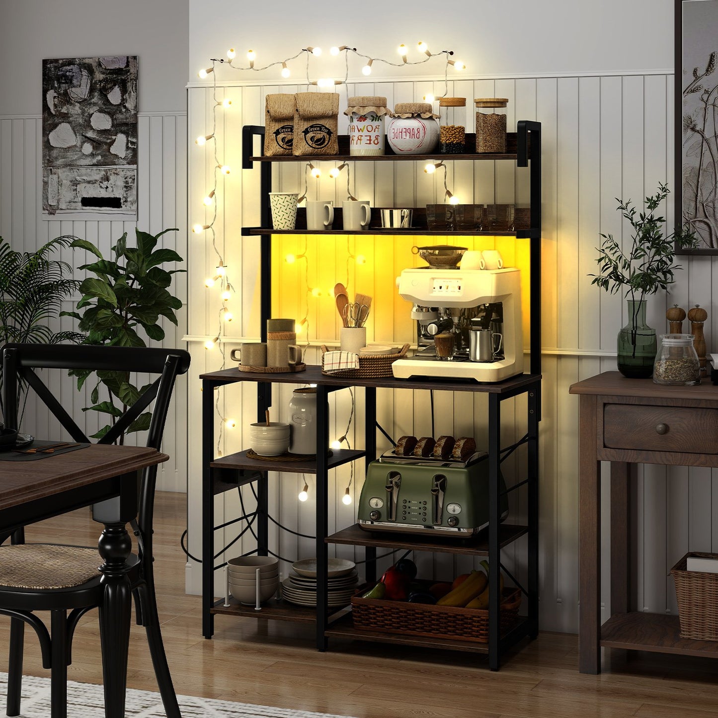 Kitchen Bakers Rack with Power Outlet 5-Tier Microwave Oven Stand with LED Lights-Black