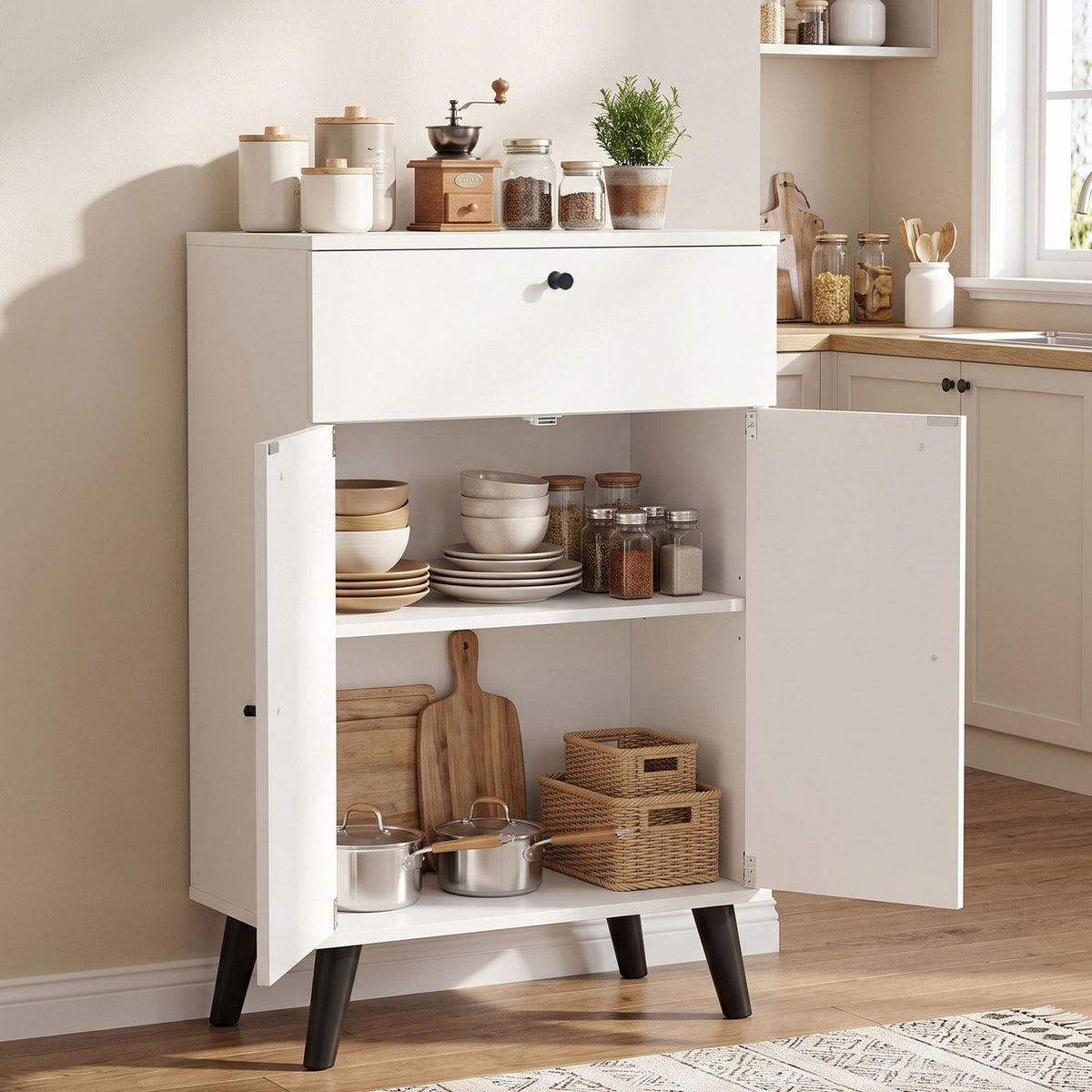 White kitchen buffet cabinet with one drawer, two doors, and adjustable shelves, providing stylish storage for dining spaces.