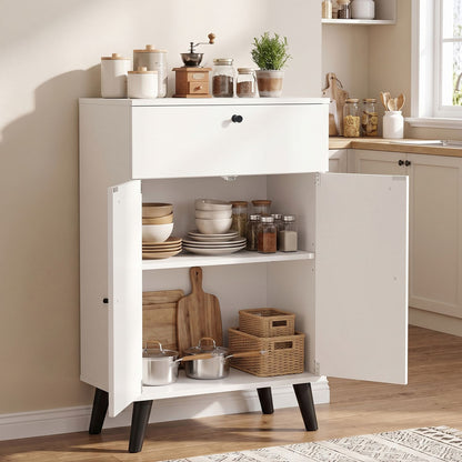 White kitchen buffet cabinet with one drawer, two doors, and adjustable shelves, providing stylish storage for dining spaces.