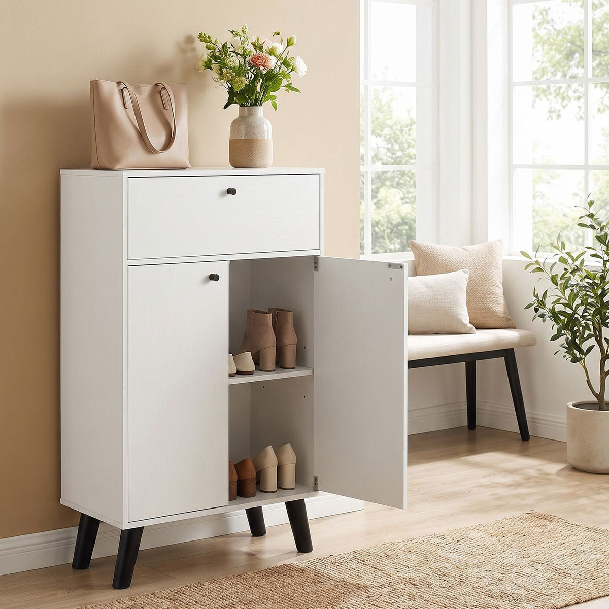 White kitchen buffet cabinet with one drawer, two doors, and adjustable shelves, featuring a modern design for dining room storage.
