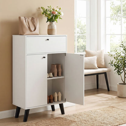 White kitchen buffet cabinet with one drawer, two doors, and adjustable shelves, featuring a modern design for dining room storage.