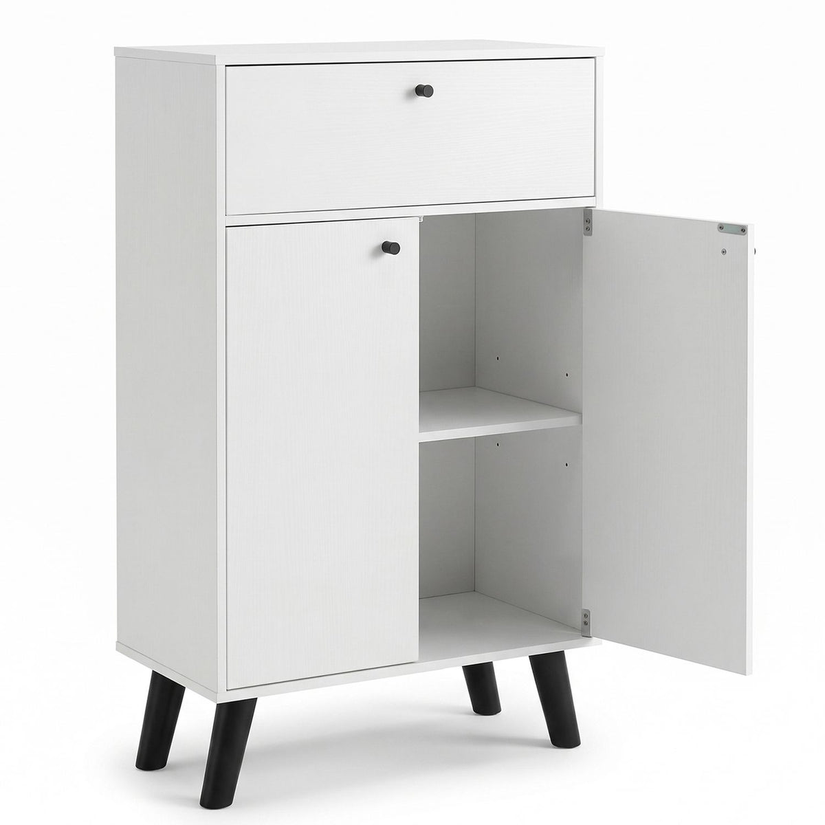 White kitchen buffet cabinet with one drawer, two doors, and adjustable shelf, featuring a modern design from Wilsons Home Store.