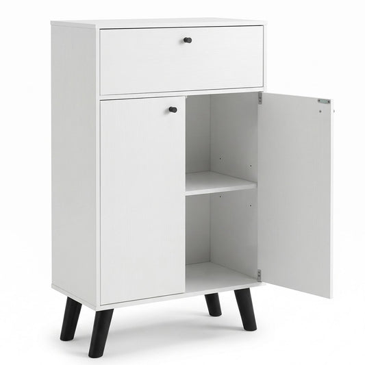 White kitchen buffet cabinet with one drawer, two doors, and adjustable shelf, featuring a modern design from Wilsons Home Store.