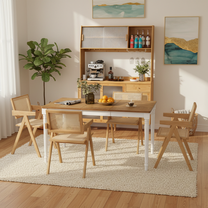 Kitchen Dining Set with Extendable Table  2 Rattan Accent Chairs and Kitchen Cabinet