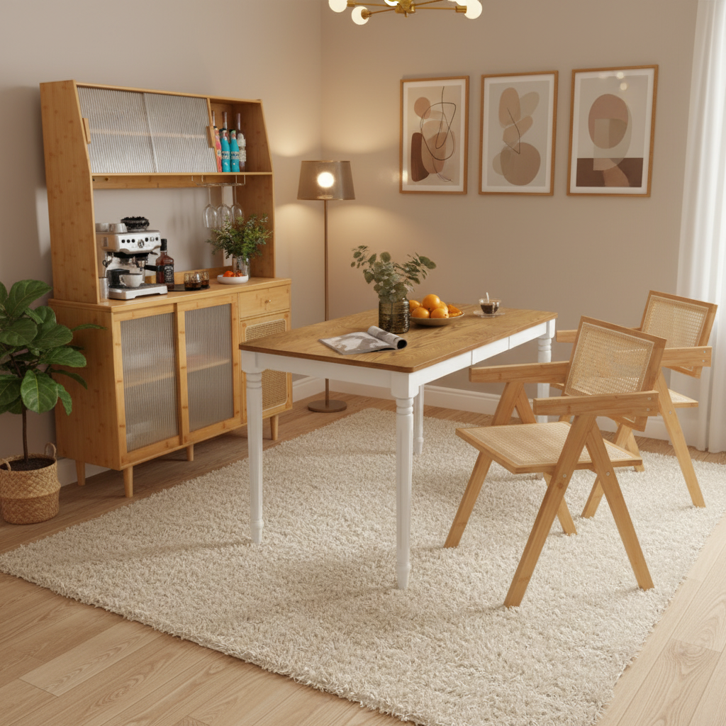 Kitchen Dining Set with Extendable Table  2 Rattan Accent Chairs and Kitchen Cabinet