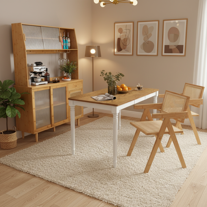 Kitchen Dining Set with Extendable Table  2 Rattan Accent Chairs and Kitchen Cabinet