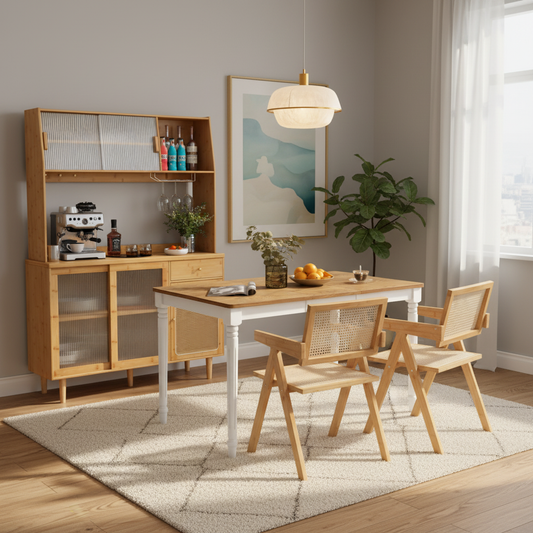 Kitchen Dining Set with Extendable Table  2 Rattan Accent Chairs and Kitchen Cabinet