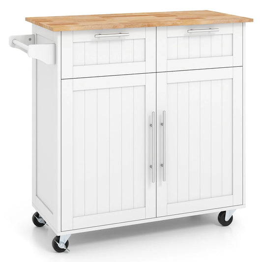 Kitchen Island Cart with Rubber Wood Top and Adjustable Shelves Towel Rack for Dining Room-White
