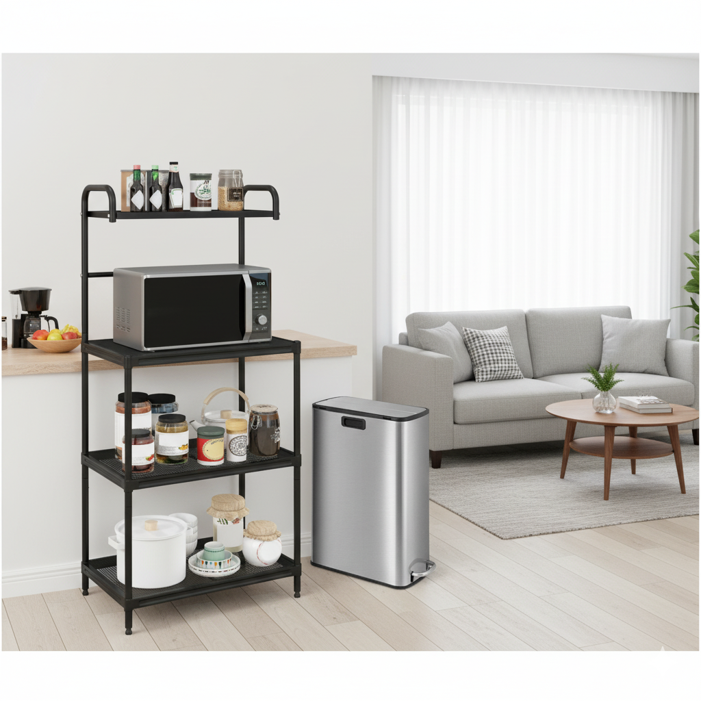 Kitchen Organization with 4-Tier Kitchen Microwave Storage Rack and Trash Can
