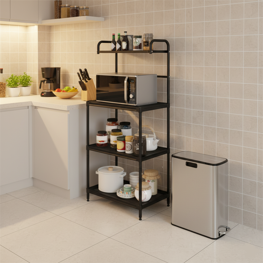 Kitchen Organization with 4-Tier Kitchen Microwave Storage Rack and Trash Can