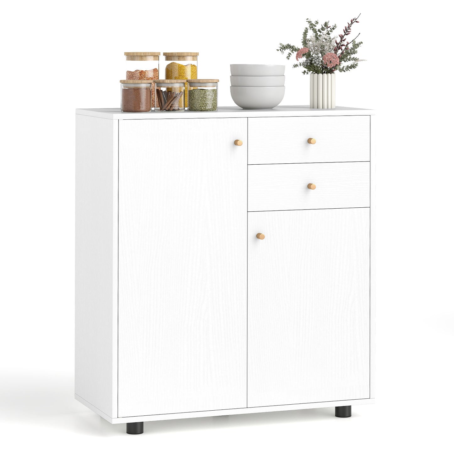 Kitchen Sideboard Buffet Cabinet Coffee Bar Cabinet with 2 Drawers 2 Doors and 3 Adjustable Shelves-White