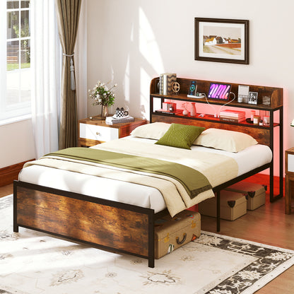 LED Bed Frame with Power Outlets and Storage Headboard-Full Size