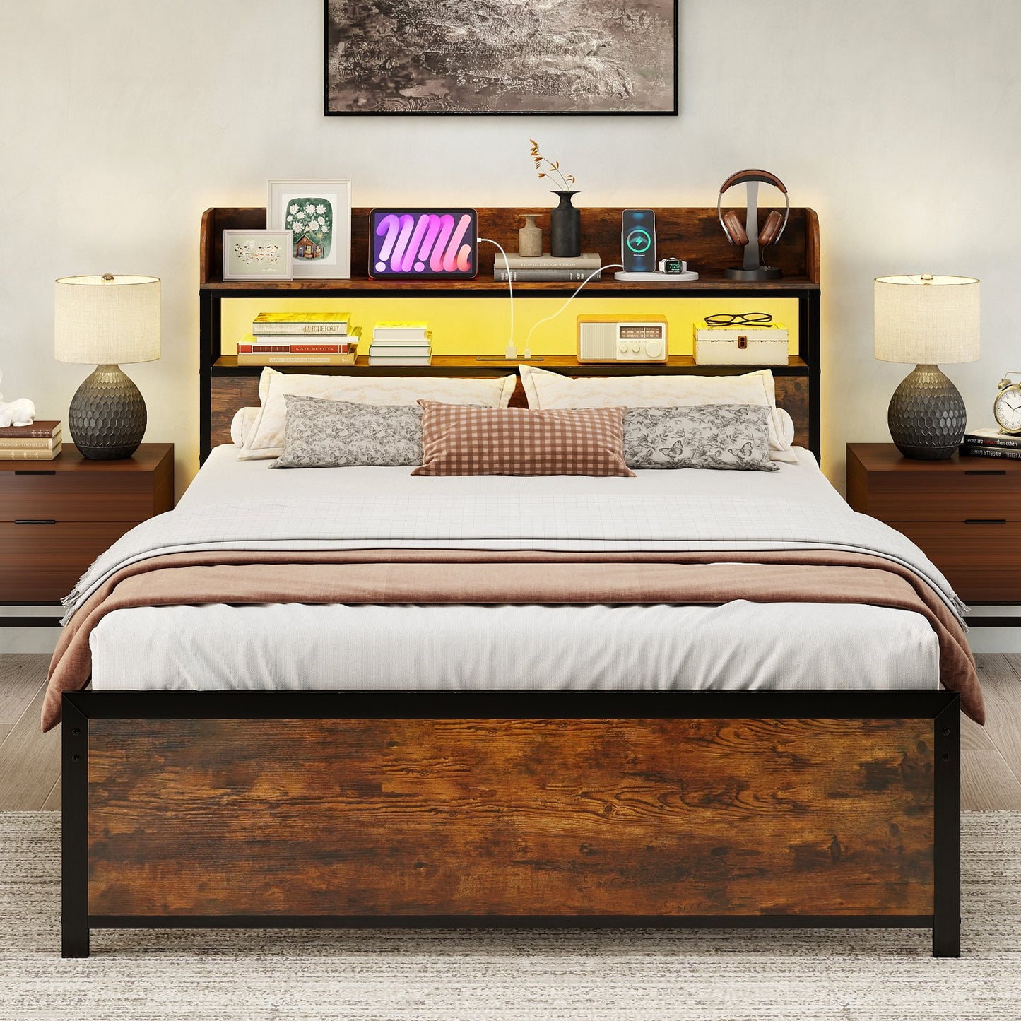 LED Bed Frame with Power Outlets and Storage Headboard-Full Size