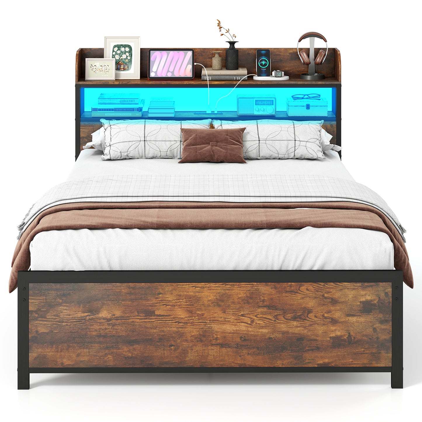 LED Bed Frame with Power Outlets and Storage Headboard-Full Size