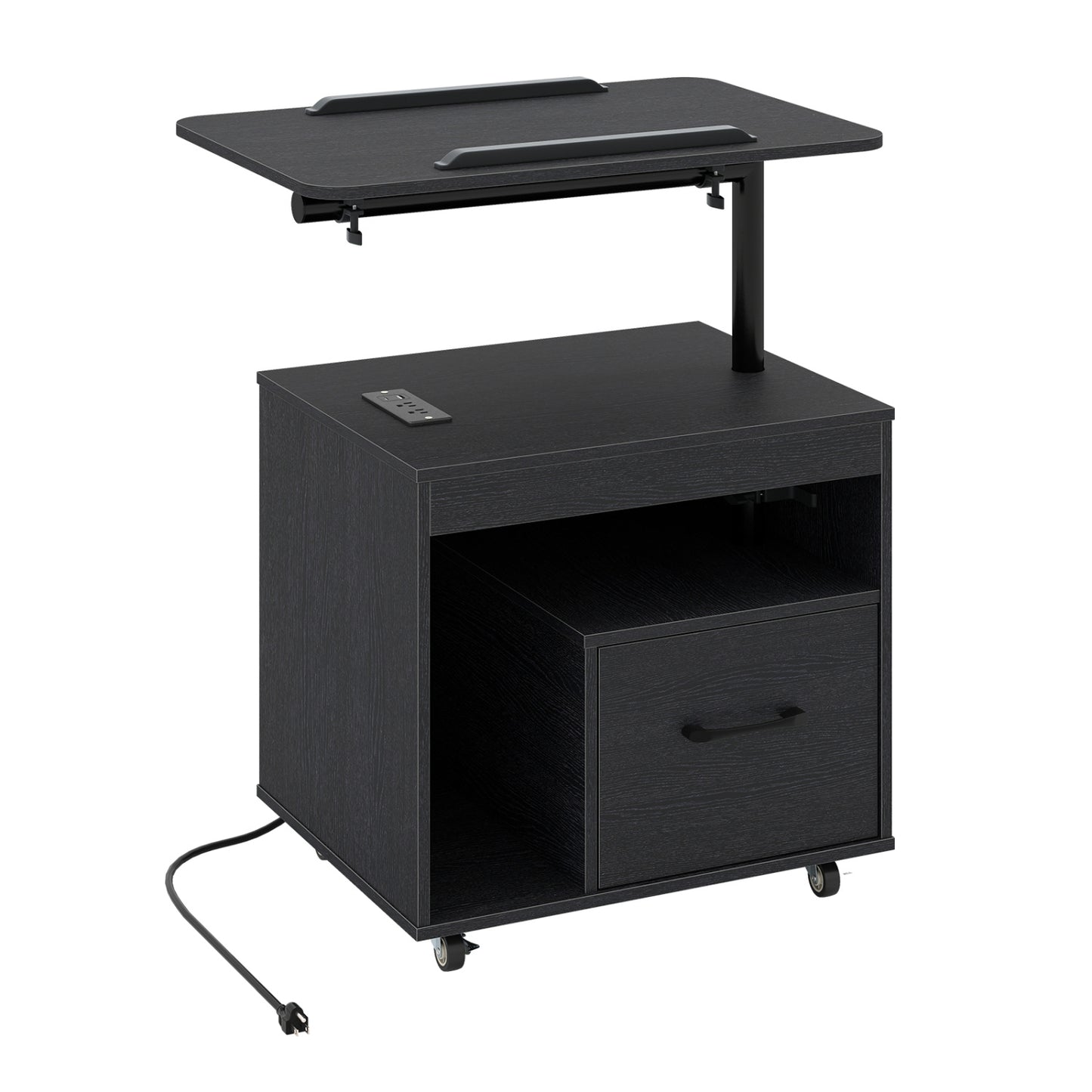 LED Nightstand with Power Outlets Modern Bedside Table with Flip over-Black