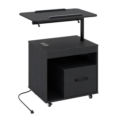 LED Nightstand with Power Outlets Modern Bedside Table with Flip over-Black