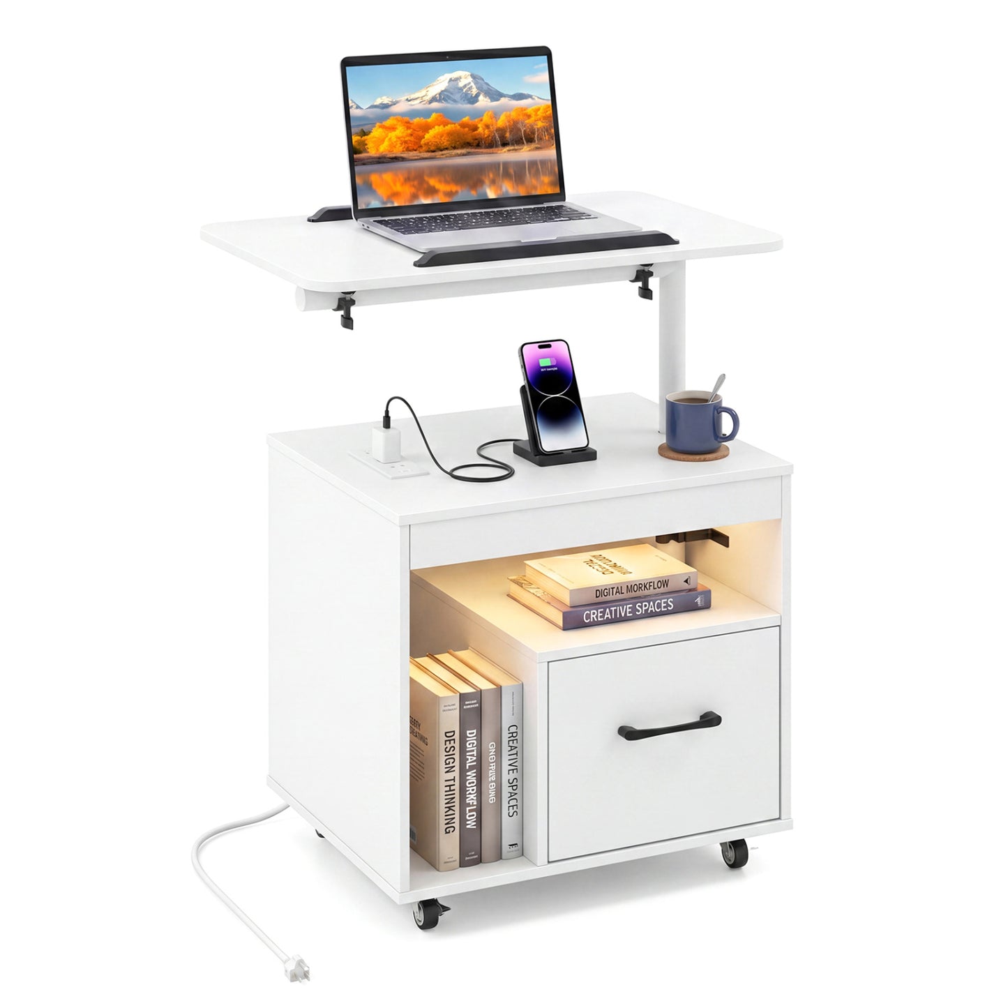 LED Nightstand with Power Outlets Modern Bedside Table with Flip over-Black