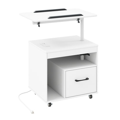 LED Nightstand with Power Outlets Modern Bedside Table with Flip over-Black