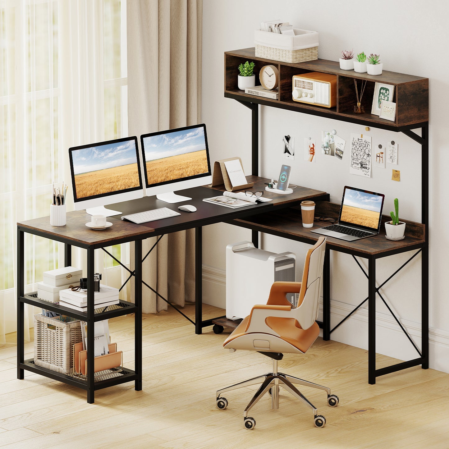L-Shaped Computer Desk with Power Outlets 62 Inches Corner Desk with Storage Hutch-Brown