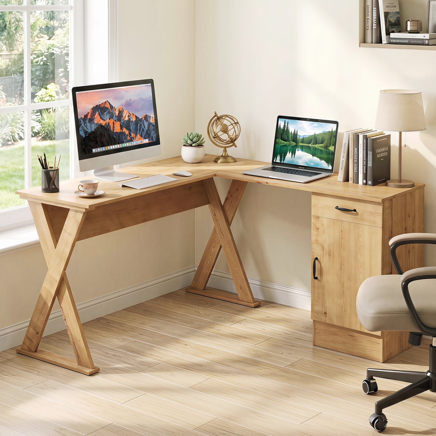 L-Shaped Computer Desk with Reversible Drawer and Cabinet for Bedroom and Small Spaces Workstation-Oak