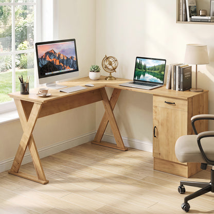 L-Shaped Computer Desk with Reversible Drawer and Cabinet for Bedroom and Small Spaces Workstation-Oak