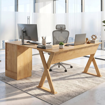 L-Shaped Computer Desk with Reversible Drawer and Cabinet for Bedroom and Small Spaces Workstation-Oak