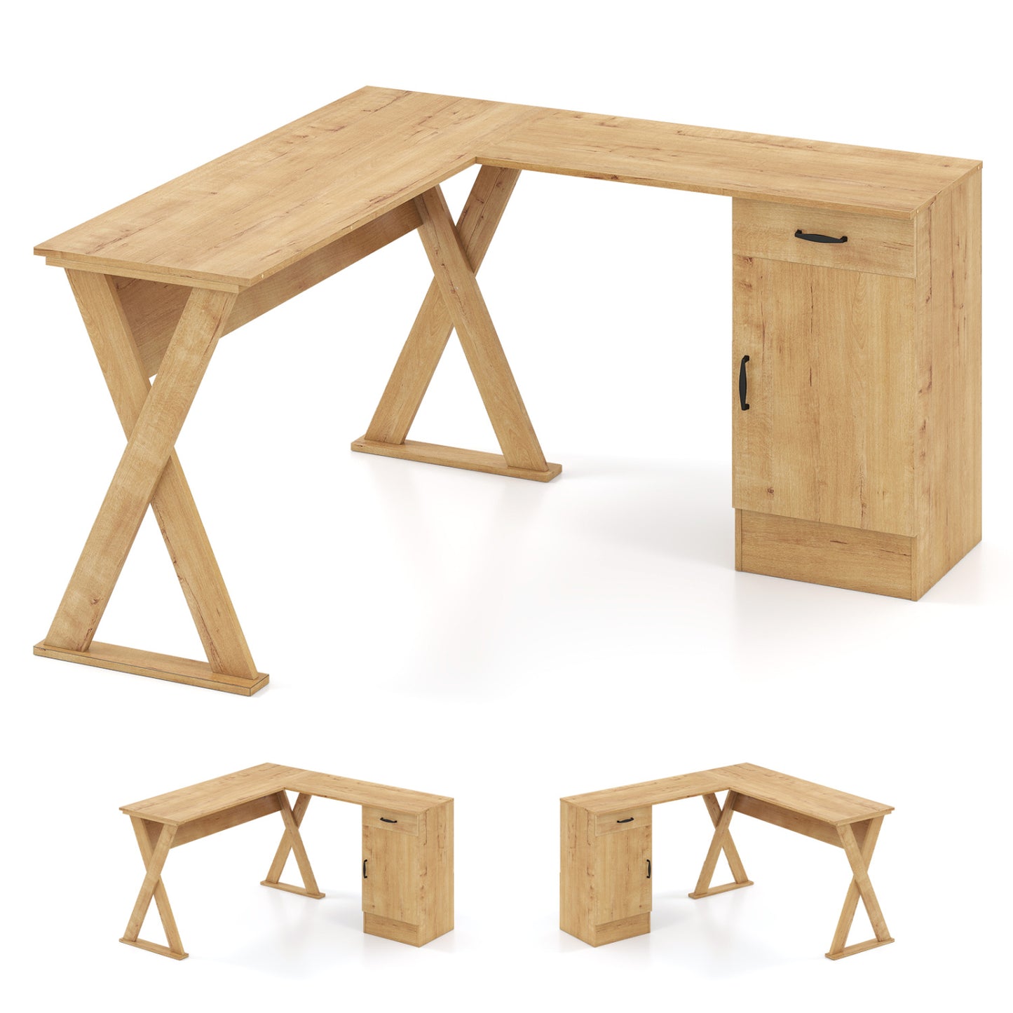 L-Shaped Computer Desk with Reversible Drawer and Cabinet for Bedroom and Small Spaces Workstation-Oak