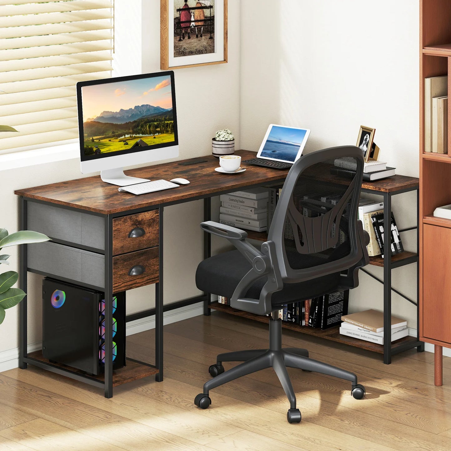 L Shaped Desk with Charging Station Corner Computer Desk with 2 Fabric Drawers-Oak