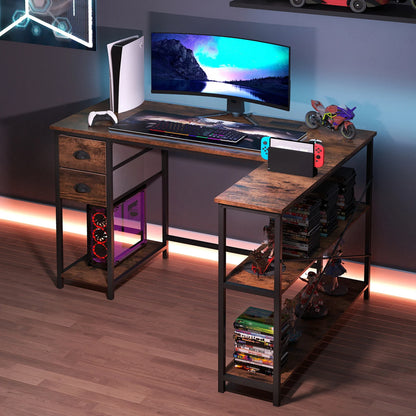 L Shaped Desk with Charging Station Corner Computer Desk with 2 Fabric Drawers-Oak