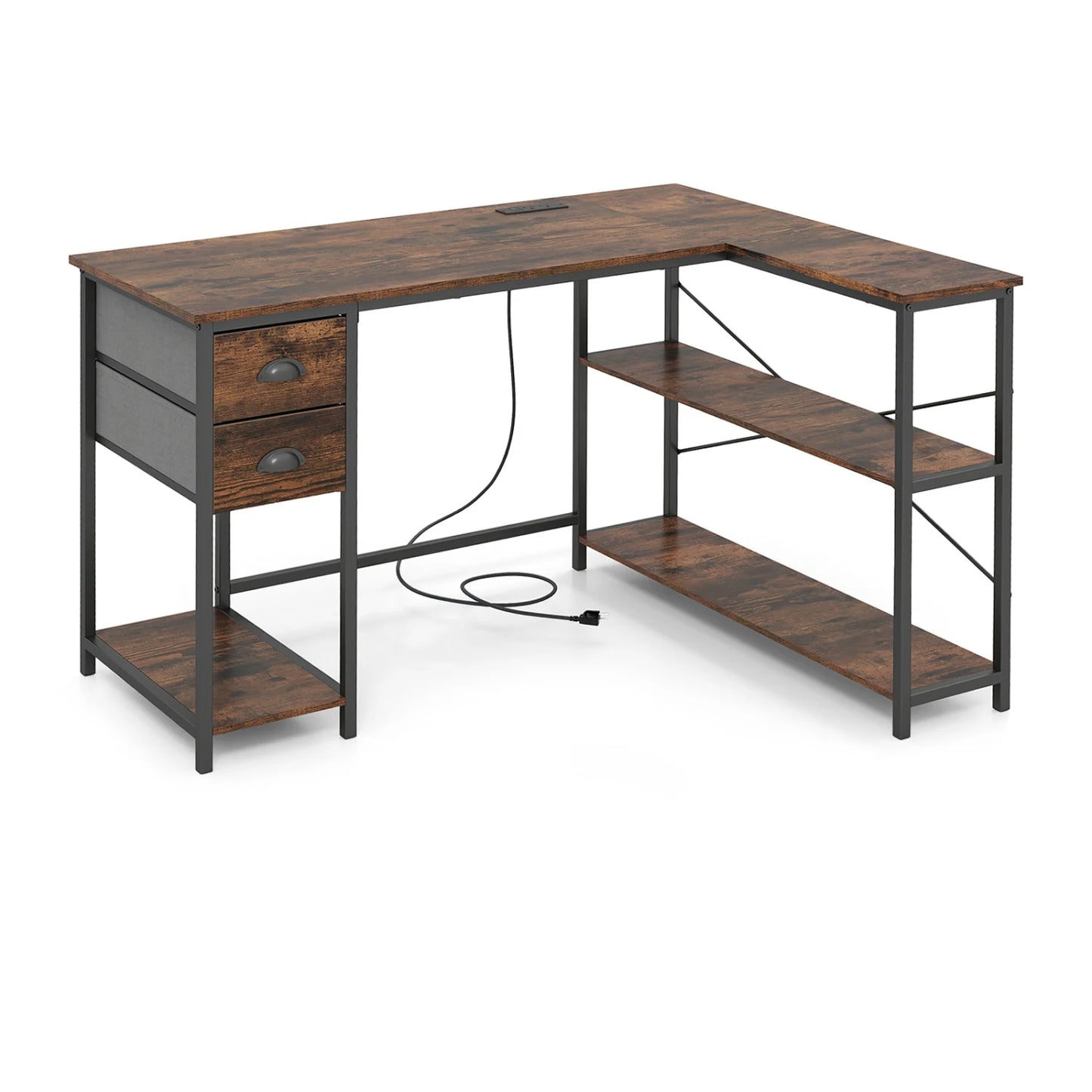 L Shaped Desk with Charging Station Corner Computer Desk with 2 Fabric Drawers-Oak