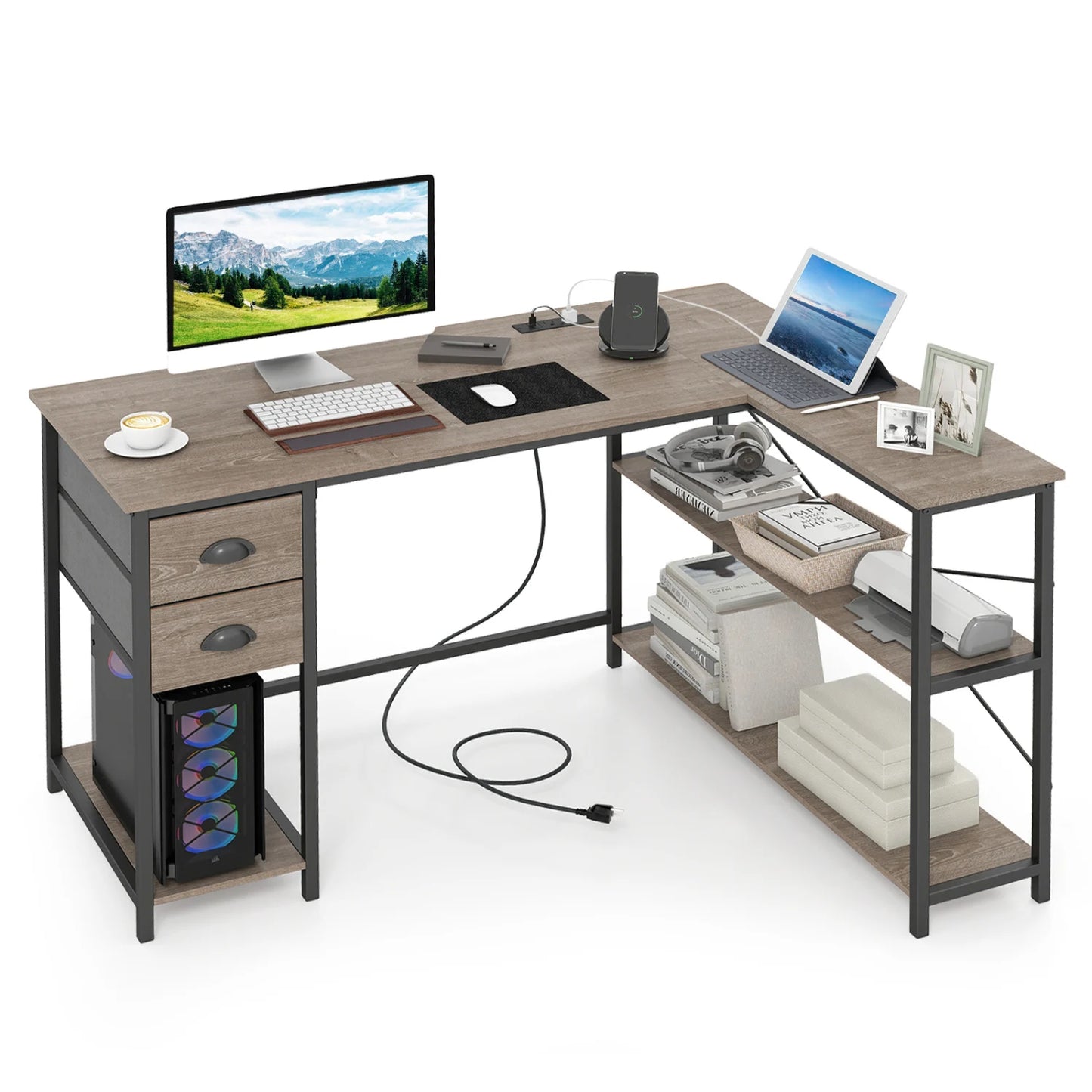 L Shaped Desk with Charging Station Corner Computer Desk with 2 Fabric Drawers-Oak