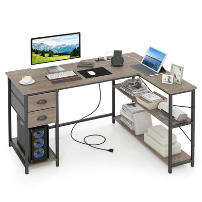 L Shaped Desk with Charging Station Corner Computer Desk with 2 Fabric Drawers-Oak