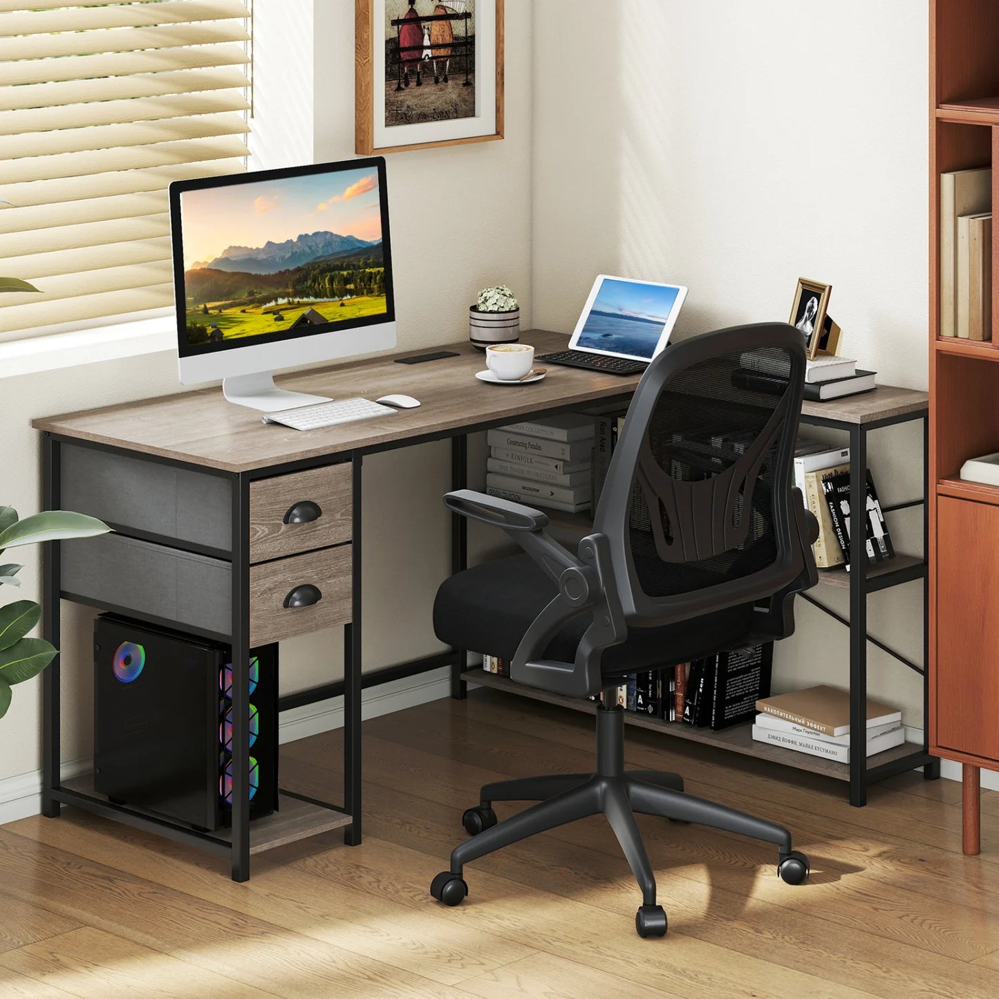 L Shaped Desk with Charging Station Corner Computer Desk with 2 Fabric Drawers-Oak